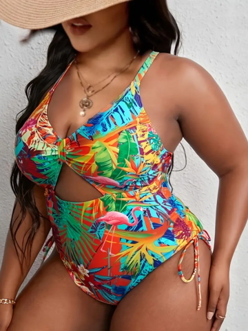Women's Tropical Print Cut Out Lace Up Side Cami One Piece Bathing Suit