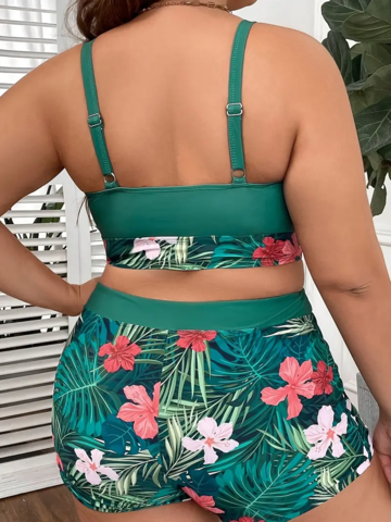 Women's Colorblock Tropical Print Knot V Neck Tank Top & Shorts Swimsuit